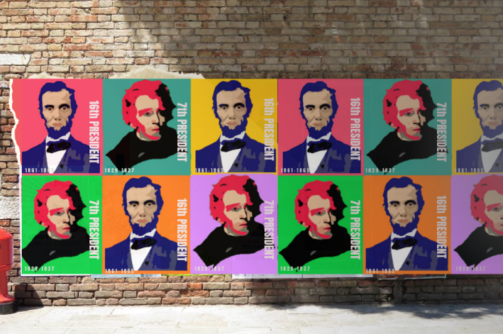 Colorful poster board of presidents Lincoln and Jackson on brick. Marriage Cat Magazine -
