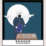 Color illustration of Eliphas Levi as a tarot card with wings and his famous book. Marriage Cat Magazine -