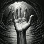 A black and while charcoal illustration of a distressed hand in front of a cave. Marriage Cat Magazine - sci-fi stories, short stories,