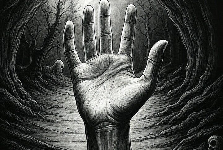 A black and while charcoal illustration of a distressed hand in front of a cave. Marriage Cat Magazine - sci-fi stories, short stories,