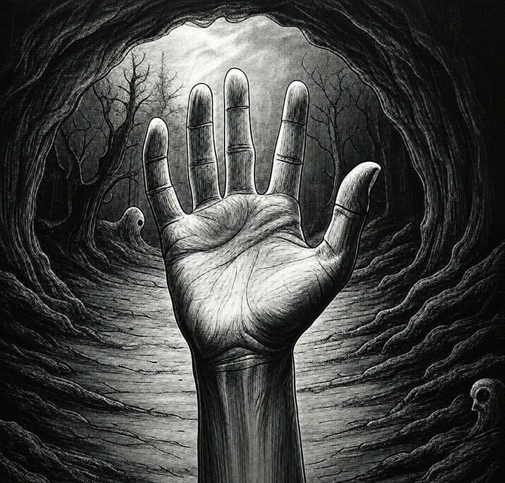 A black and while charcoal illustration of a distressed hand in front of a cave. Marriage Cat Magazine - sci-fi stories, short stories,